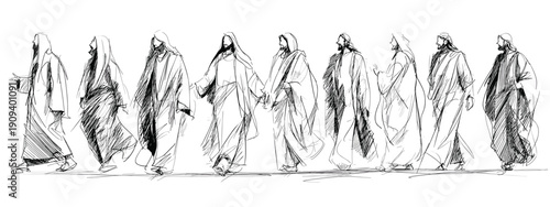 Jesus and his followers with the disciples hand drawn vector illustration God wisdom teacher 