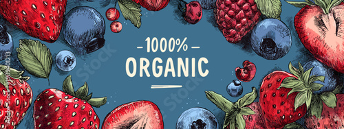 100% Organic banner for natural food market fruit and sportlifestyle fitness 