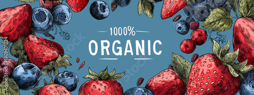 100% Organic banner for natural food market fruit and sportlifestyle fitness 