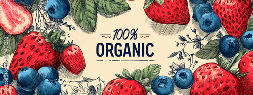 100% Organic banner for natural food market fruit and sportlifestyle fitness 