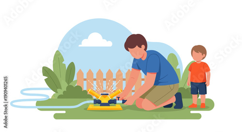 Father and Son Watering Garden with Sprinkler - Outdoor Summer Fun
