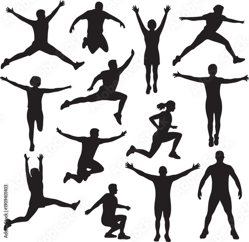 Collection of people jumping and running silhouettes in various poses