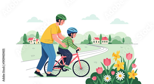 Father teaching son to ride bicycle, flat illustration, spring landscape with flowers, houses and road