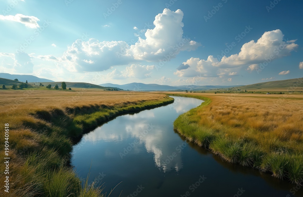 Fototapeta premium Golden meadow borders winding river under bright blue sky with fluffy clouds. Sunrays shine through, reflecting on calm water surface creating peaceful scenic landscape view.