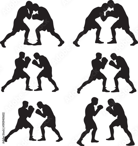 black silhouettes of men boxing in various fighting poses
