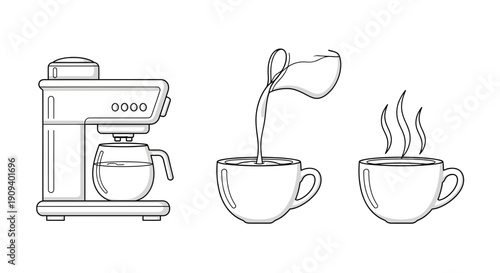 Coffee Maker, Pouring Milk into Cup, Steaming Coffee Cup - Line Art Illustration