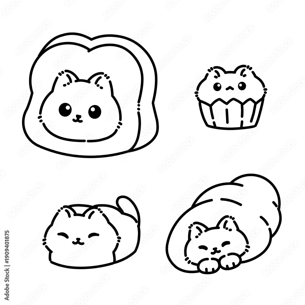 Obraz premium Cute kawaii cat illustrations shaped like bread and pastry, minimal black line art style, playful food-themed animal doodles for stickers, kids design, and cute branding.