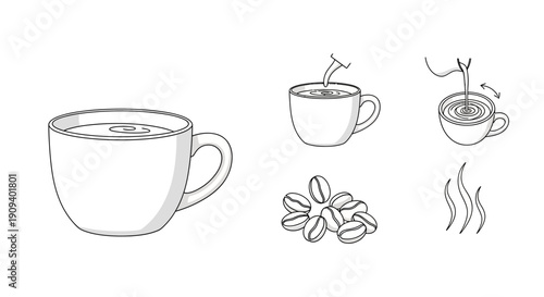 Coffee Making Process: Cup, Beans, Pouring, Steam - Step-by-Step Illustration