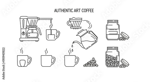 Coffee Making Process Icons: Drip Coffee Maker, Pour Over, Coffee Beans, and Jars