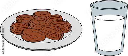 Delicious dates on a plate with a refreshing glass of milk