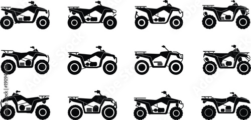 Vector, black, silhouette, illustration, set, of, various, all-terrain, vehicles, and, quad, bikes, for, off-road, racing, adventure, motor, sports, and, extreme, transportation, design, elements