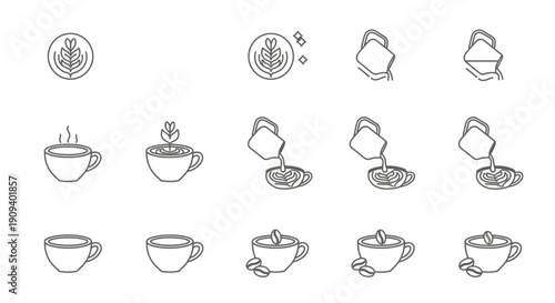 Coffee Making Process Icons: Latte Art, Pouring, Beans, Steaming Cup - Line Art Set