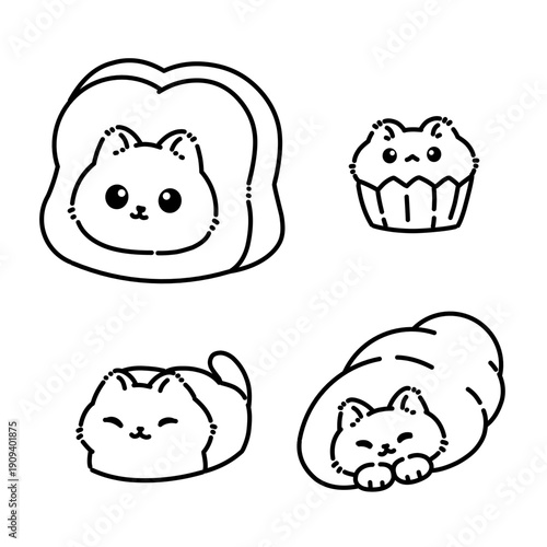 Cute kawaii cat illustrations shaped like bread and pastry, minimal black line art style, playful food-themed animal doodles for stickers, kids design, and cute branding.
