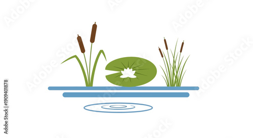 Illustration of cattails and a water lily on a pond, depicting a serene aquatic environment.