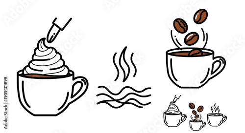 Coffee Making Process Icons: Whipped Cream, Hot Steam, Coffee Beans Falling into Cup