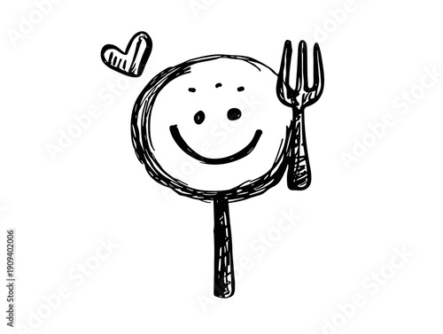 hungry funny cartoon character with fork wait to dinner , breakfast , food