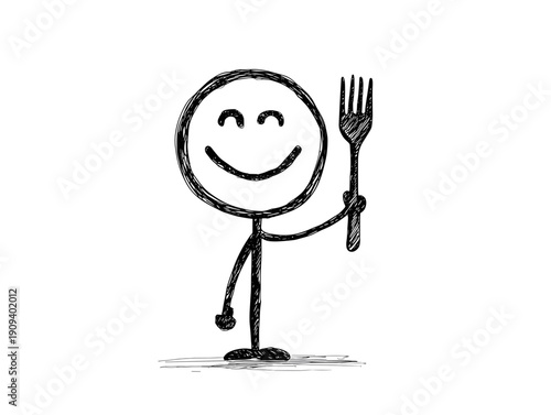 hungry funny cartoon character with fork wait to dinner , breakfast , food