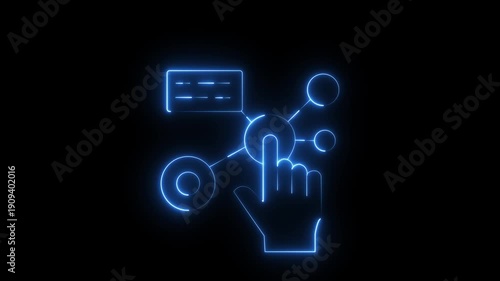 Vibrant blue neon abstract animation loop of a digital hand cursor interacting with interconnected network nodes and data icons, symbolizing modern technology, communication, and digital connectivity.