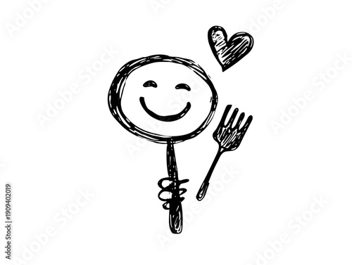 hungry funny cartoon character with fork wait to dinner , breakfast , food
