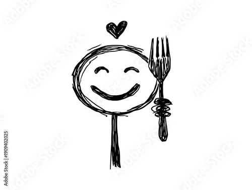 hungry funny cartoon character with fork wait to dinner , breakfast , food