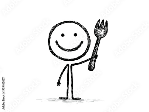 hungry funny cartoon character with fork wait to dinner , breakfast , food