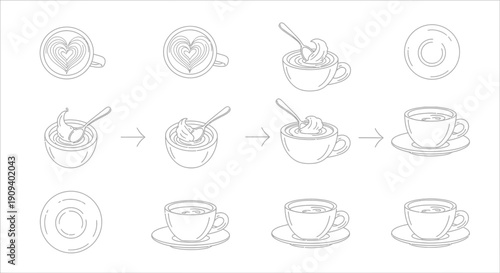 Coffee preparation steps, latte art, and finished cup with spoon