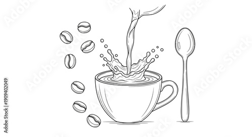 Coffee Splash in Cup with Beans and Spoon - Line Art Illustration