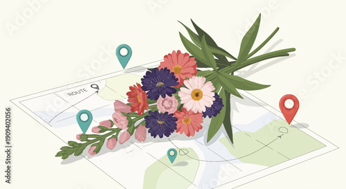 Floral Bouquet with Navigation Pins on Map Illustration