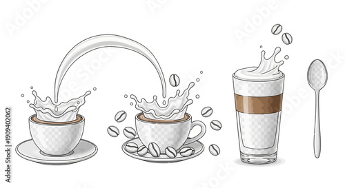 Coffee Splash: Milk Pouring into Cup, Latte, Coffee Beans, Spoon - Dynamic Drink Illustration