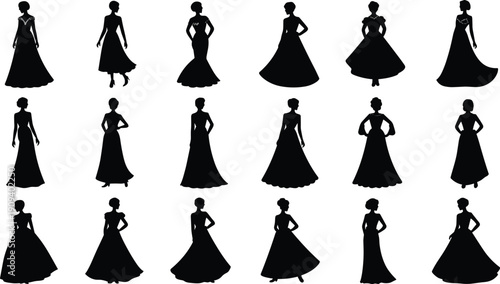 Vector, black, silhouette, illustration, set, of, various, elegant, women, in, long, evening, gowns, for, prom, wedding, gala, party, and, formal, fashion, design, elements