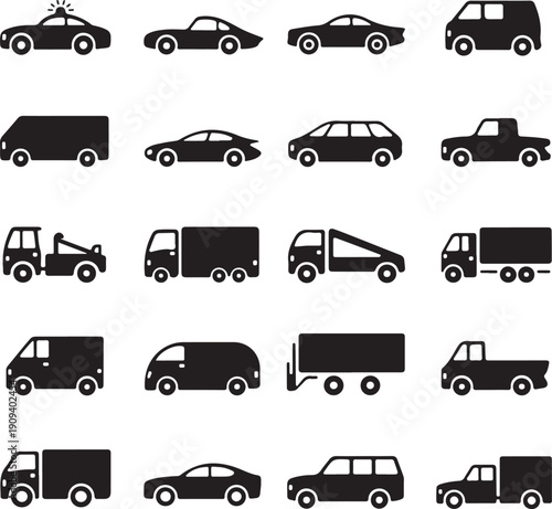Collection of various vehicle types and silhouettes on white background