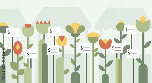 Floral Market with Price Tags: Blooming Flowers for Sale, Botanical Illustration