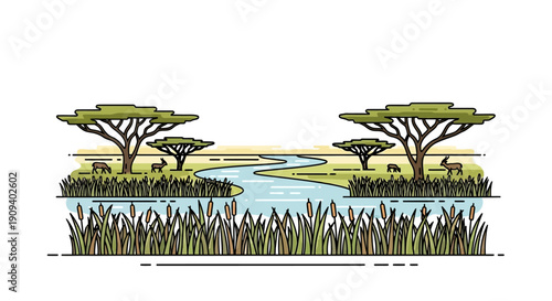 Flat line vector illustration of an African savanna landscape with river, trees, and wild animals.
