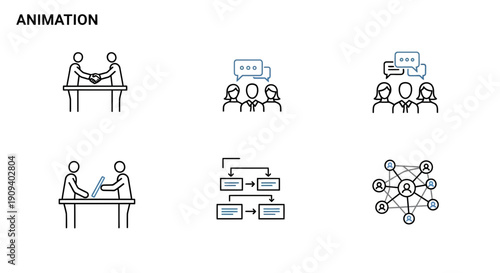 Business Meeting Icons: Handshake, Teamwork, Collaboration, Flowchart, Network