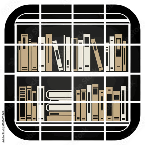 Abstract illustration of a bookshelf with books in a black frame with a rounded corner