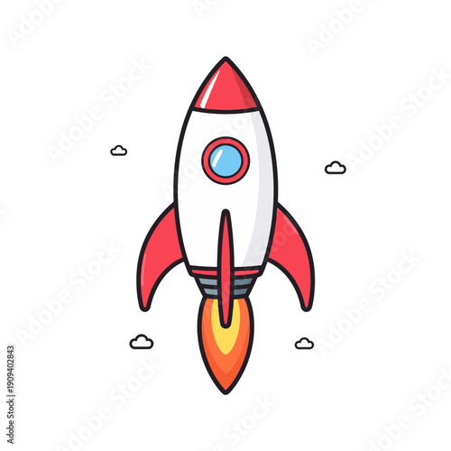 Flat vector illustration of a red and white cartoon rocket launching upward with clouds and flame, clean minimal design on white background.