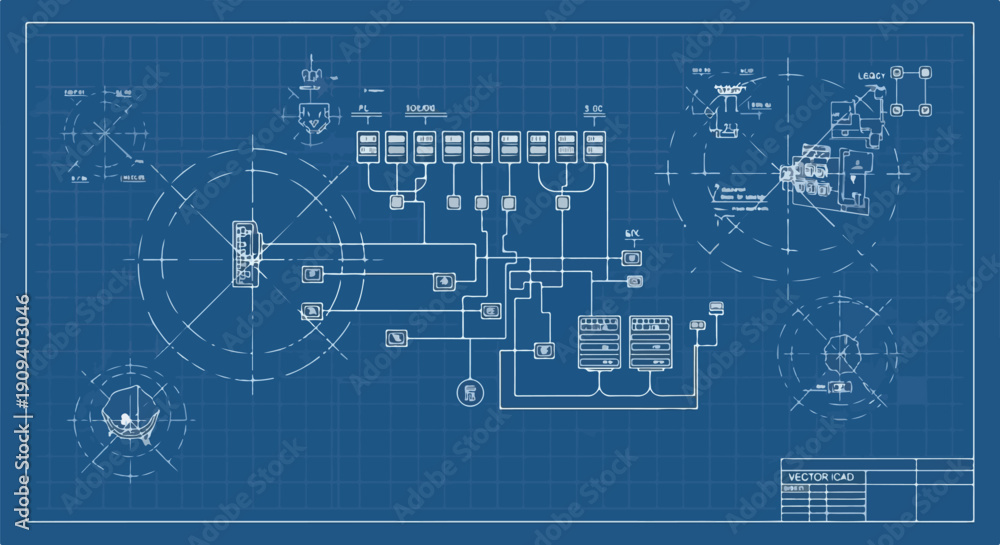 Naklejka premium Abstract blueprint technical drawing illustrating a complex engineering schematic with circuit diagrams, representing innovation and technological development.