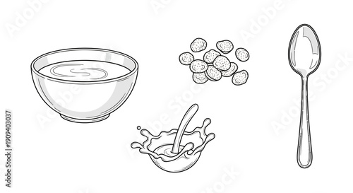 Cereal Bowl with Spoon, Milk Splash, and Grains - Black and White Illustration