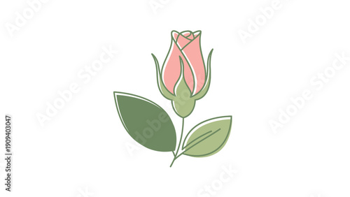 A delicate rose bud with leaves, green outlines on white. Soft pink petals. Simple line art