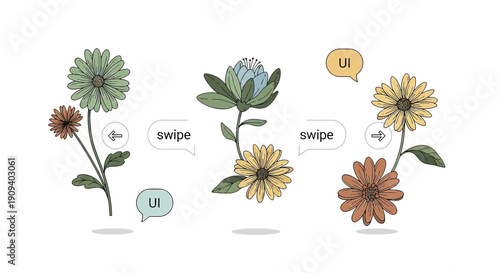 Floral UI Elements: Swipe Gestures and Minimalist Flower Designs