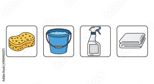 Cleaning Supplies Icons: Sponge, Bucket, Spray Bottle, and Towel Set