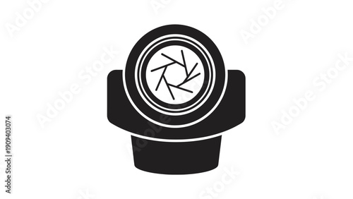 A stylized black and white illustration of a camera lens with a stylized aperture