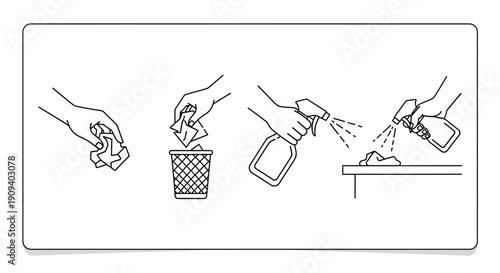 Cleaning Process: Crumpling Paper, Discarding, Spraying Cleaner, Wiping Surface