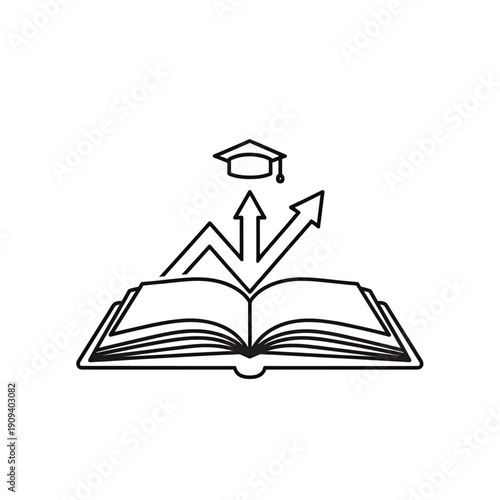An open book, arrows rising above it, with a graduation cap
