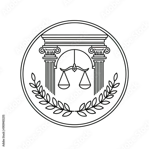 A circular emblem depicts scales of justice, columns, leaves and a simple arch