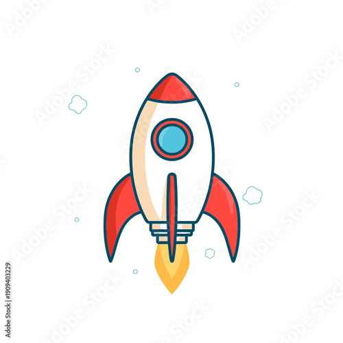 Flat vector illustration of a red and white cartoon rocket launching upward with clouds and flame, clean minimal design on white background.