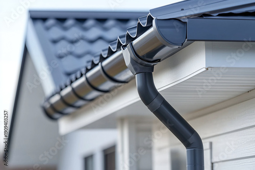 Close-up of aluminum rain gutter and downspout on modern house roofline.