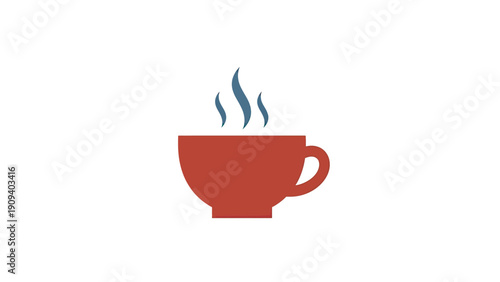 A red, steaming mug with a handle against a white background. Steam is blue