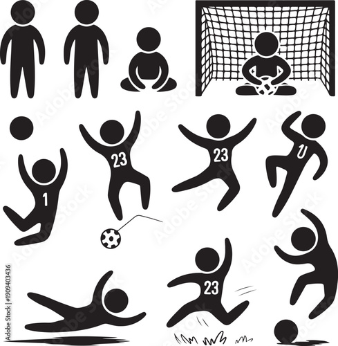 Black silhouettes of soccer players in various poses and actions on white background