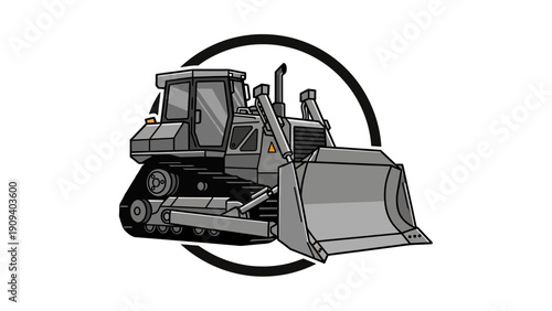 Illustration of a gray bulldozer with a blade, tracks, and a cab within a black circle
